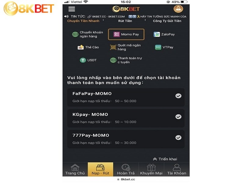 Vào nạp tiền sau đó chọn phương thức Momo Pay Vào nạp tiền sau đó chọn phương thức Momo Pay