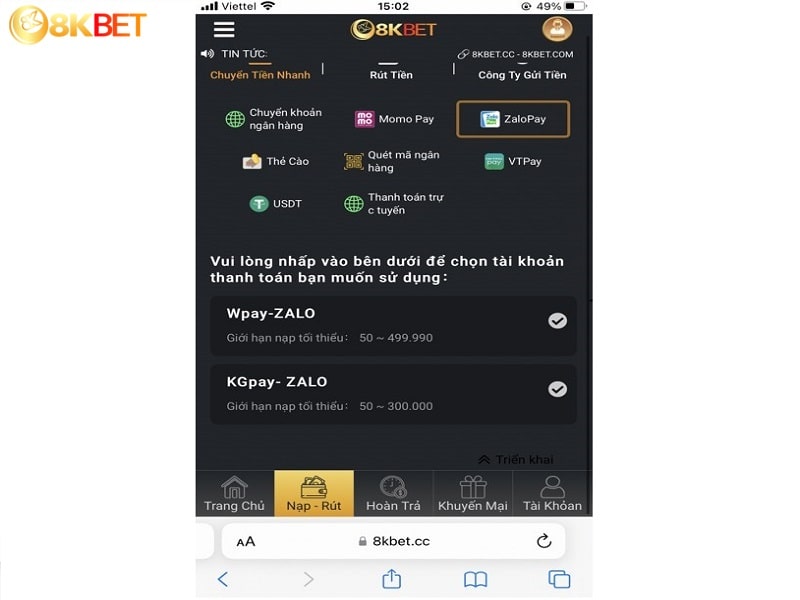 Vào nạp tiền sau đó chọn phương thức Zalo Pay Vào nạp tiền sau đó chọn phương thức Zalo Pay