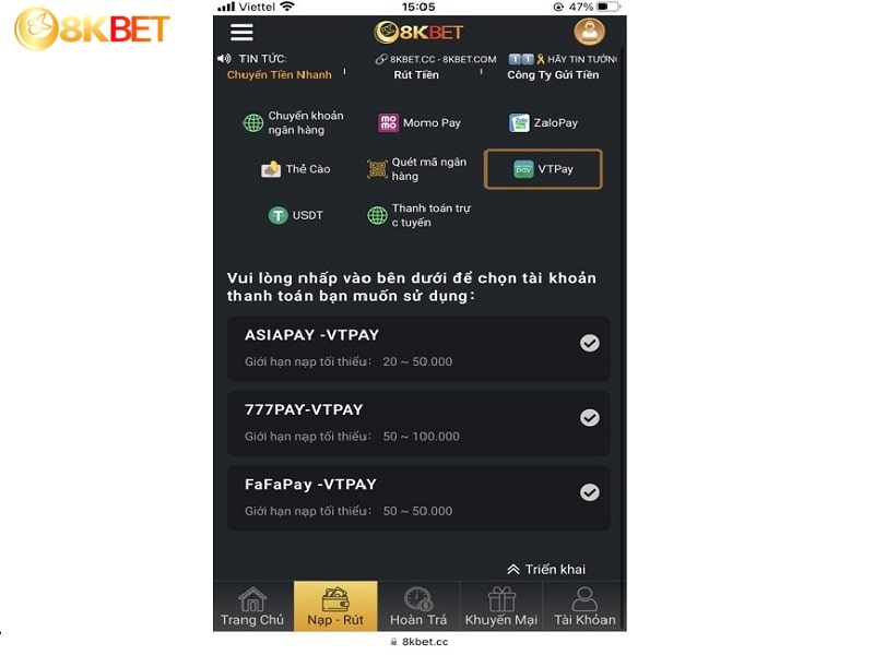 Vào nạp tiền sau đó chọn phương thức VTPay Vào nạp tiền sau đó chọn phương thức VTPay