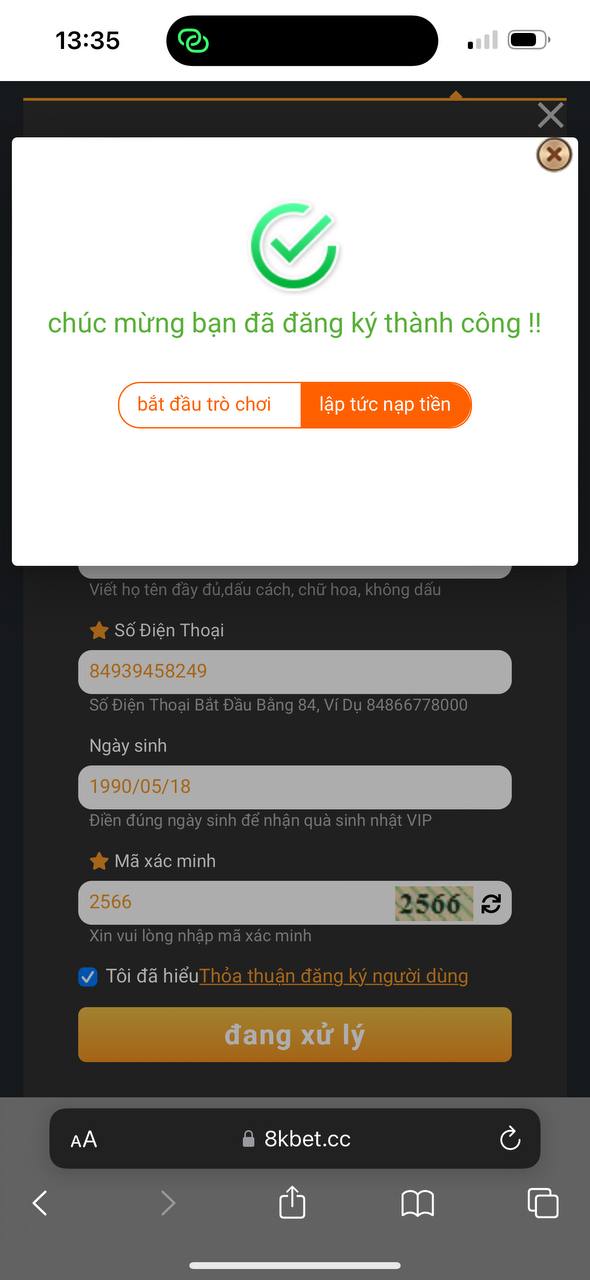 Đăng ký 8KBET thành công Đăng ký 8KBET thành công
