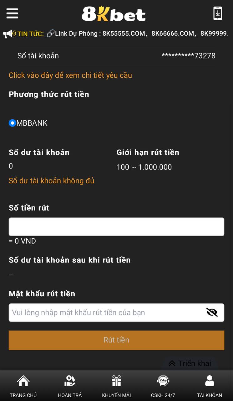 Điền số tiền người chơi muốn rút Điền số tiền người chơi muốn rút